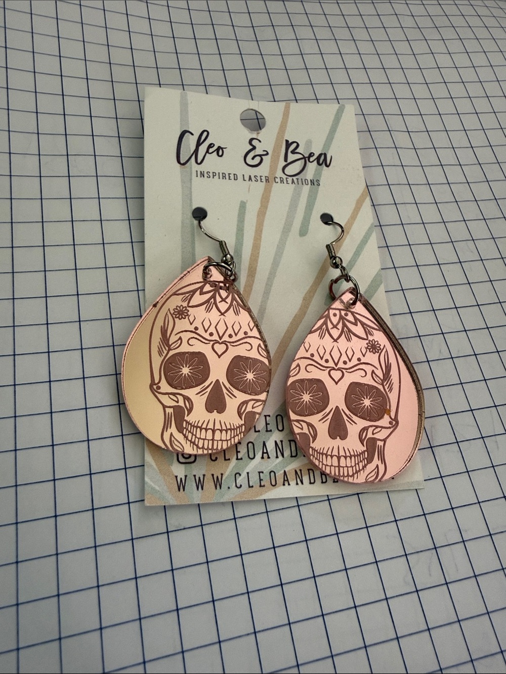 Pink Rose Gold Skull Teardrop Earrings
